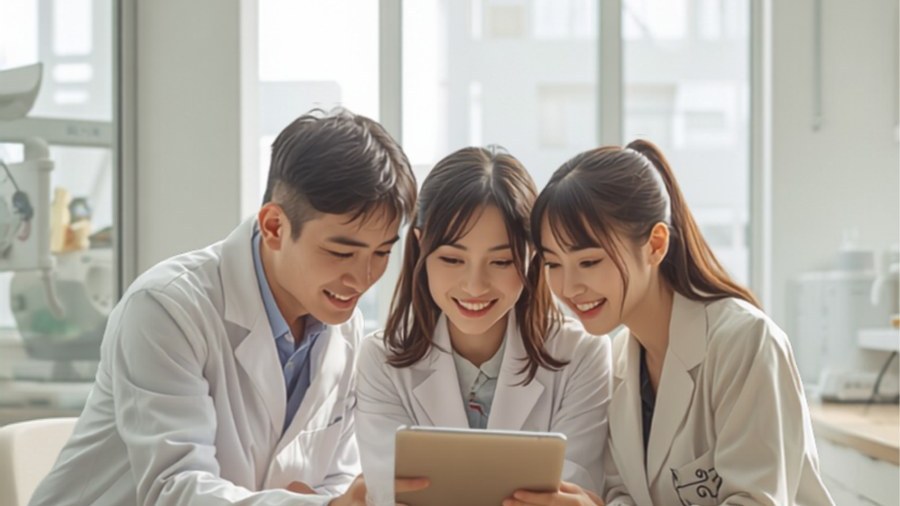 歯科医師が診療チェアの横で患者に笑顔で説明している様子、明るい診療室
