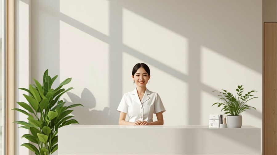 歯科医院のスタッフがパソコンで料金ページの構成を確認しながら打ち合わせをする様子